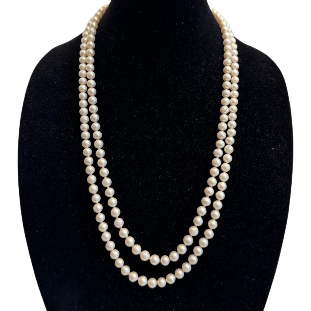 Vintage 925 Sterling Silver Faux Pearls Double Strand Layered Necklace Classic